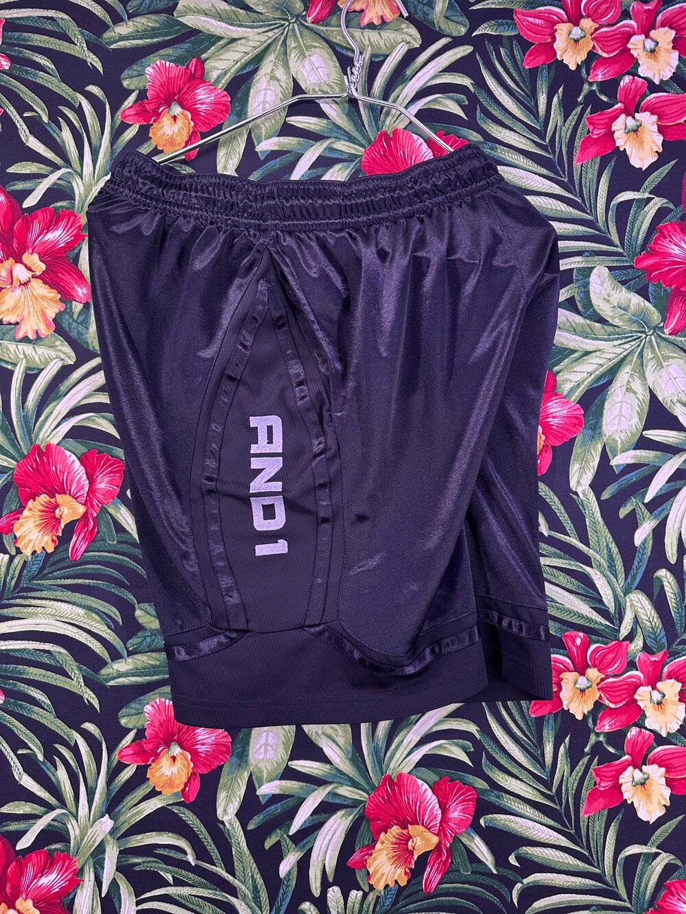 Vintage And1 Black Athletic Shorts silver embroidered Size L